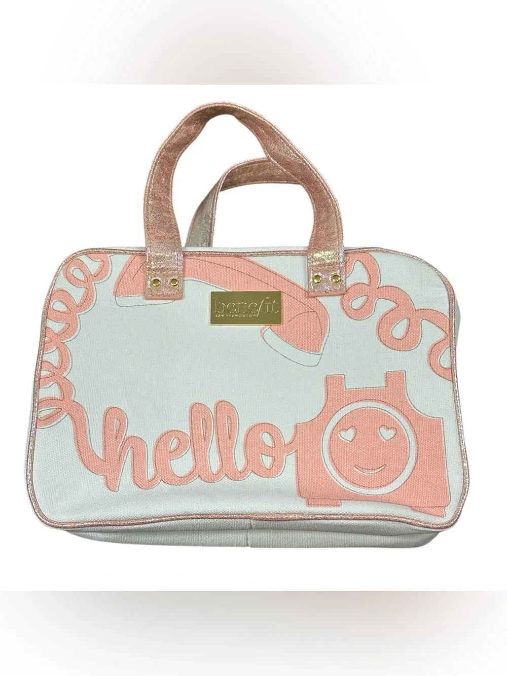 Benefit San Francisco Hello Makeup Train Case Cosmetic Travel Bag Pink & White